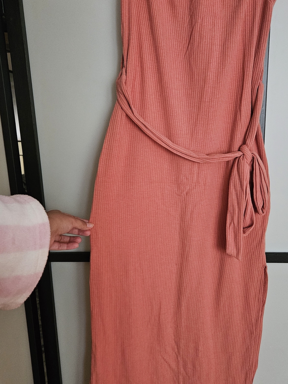 Forever 21 Ribbed Midi Dress in Coral Pink with Self-Tie Belt